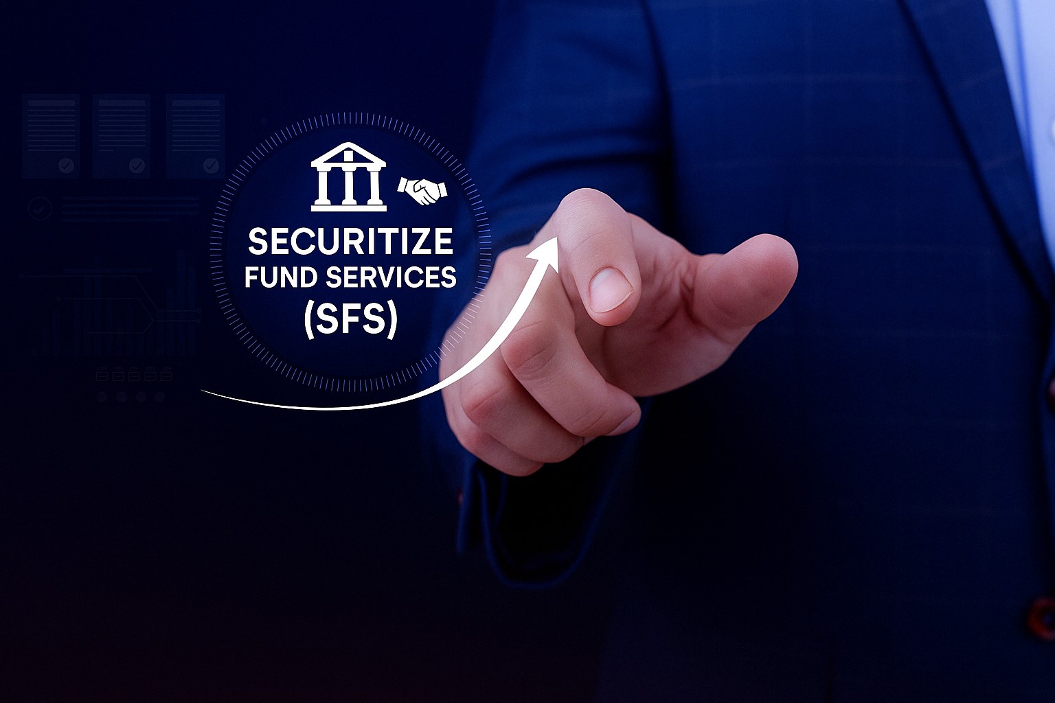 Securitize logo merging with MG Stover against a backdrop of blockchain nodes and financial charts, highlighting leadership in digital fund administration.