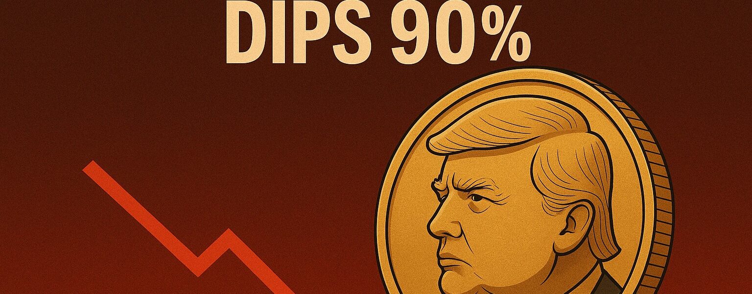 Trump-themed meme coin falling sharply on a crypto price chart, with a warning symbol indicating a looming token unlock and potential further decline.