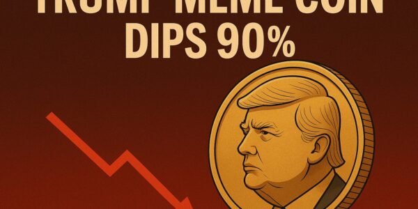 Trump-themed meme coin falling sharply on a crypto price chart, with a warning symbol indicating a looming token unlock and potential further decline.