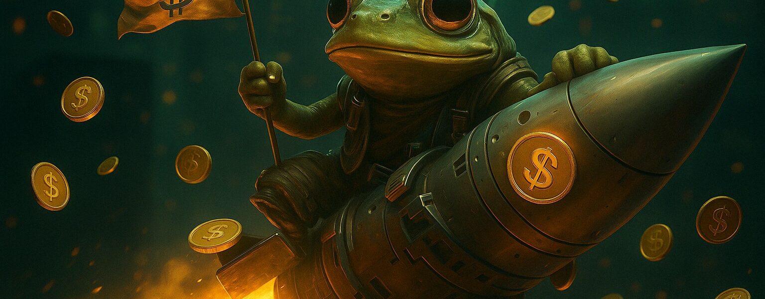 A futuristic Pepe character with glowing AI circuitry and market charts in the background, representing MIND of Pepe’s blend of tech innovation and meme culture attracting crypto investors.