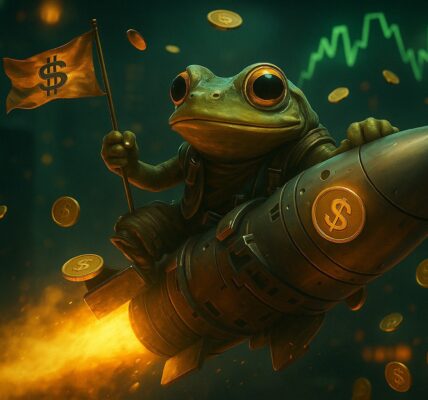 A futuristic Pepe character with glowing AI circuitry and market charts in the background, representing MIND of Pepe’s blend of tech innovation and meme culture attracting crypto investors.