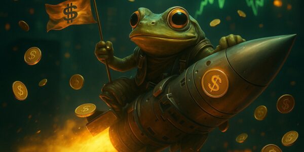 A futuristic Pepe character with glowing AI circuitry and market charts in the background, representing MIND of Pepe’s blend of tech innovation and meme culture attracting crypto investors.