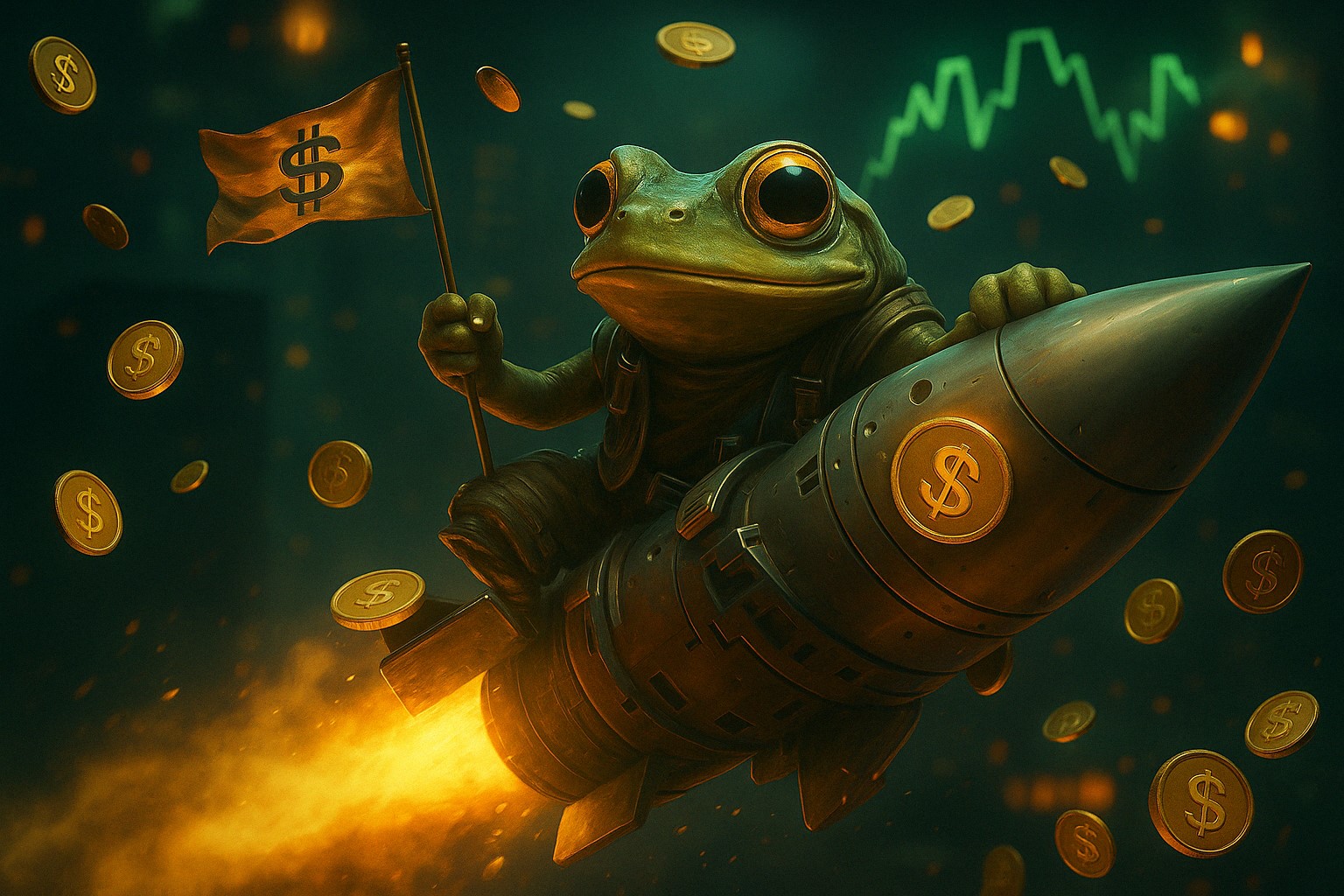 A futuristic Pepe character with glowing AI circuitry and market charts in the background, representing MIND of Pepe’s blend of tech innovation and meme culture attracting crypto investors.