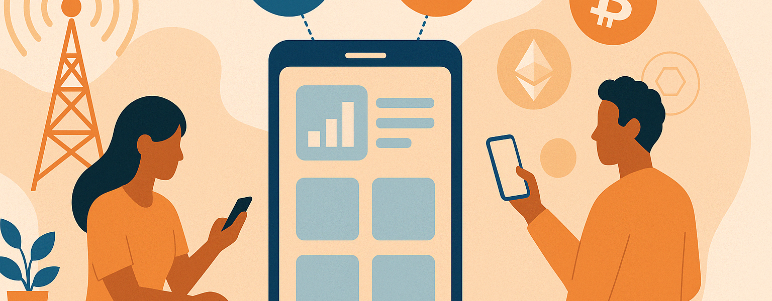 A flat-style illustration showing two users interacting with mobile phones, as a large smartphone interface connects Lisk and TBH logos. Cryptocurrency icons like Bitcoin and Ethereum float in the background, symbolizing the transformation of telco apps into Web3 access points.