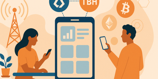 A flat-style illustration showing two users interacting with mobile phones, as a large smartphone interface connects Lisk and TBH logos. Cryptocurrency icons like Bitcoin and Ethereum float in the background, symbolizing the transformation of telco apps into Web3 access points.