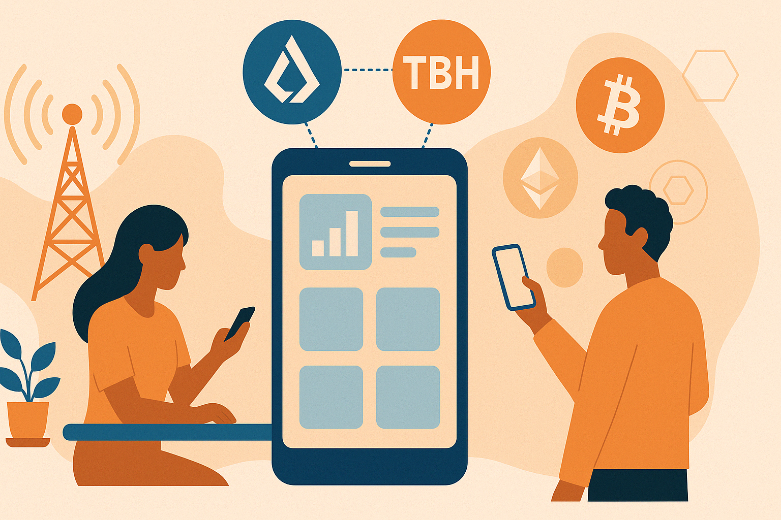 A flat-style illustration showing two users interacting with mobile phones, as a large smartphone interface connects Lisk and TBH logos. Cryptocurrency icons like Bitcoin and Ethereum float in the background, symbolizing the transformation of telco apps into Web3 access points.