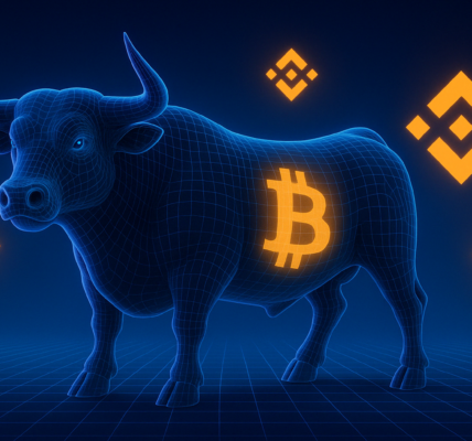 A 3D-rendered neon wireframe bull in glowing blue tones stands on a futuristic grid with a bright orange Bitcoin symbol on its side. Binance logos float in the background, evoking bullish sentiment and crypto market momentum.