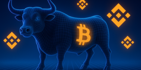 A 3D-rendered neon wireframe bull in glowing blue tones stands on a futuristic grid with a bright orange Bitcoin symbol on its side. Binance logos float in the background, evoking bullish sentiment and crypto market momentum.