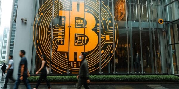 21 Capital logo emerging from a Bitcoin vault backed by Cantor Fitzgerald, Tether, and SoftBank branding, representing the $3B institutional crypto fund launch.