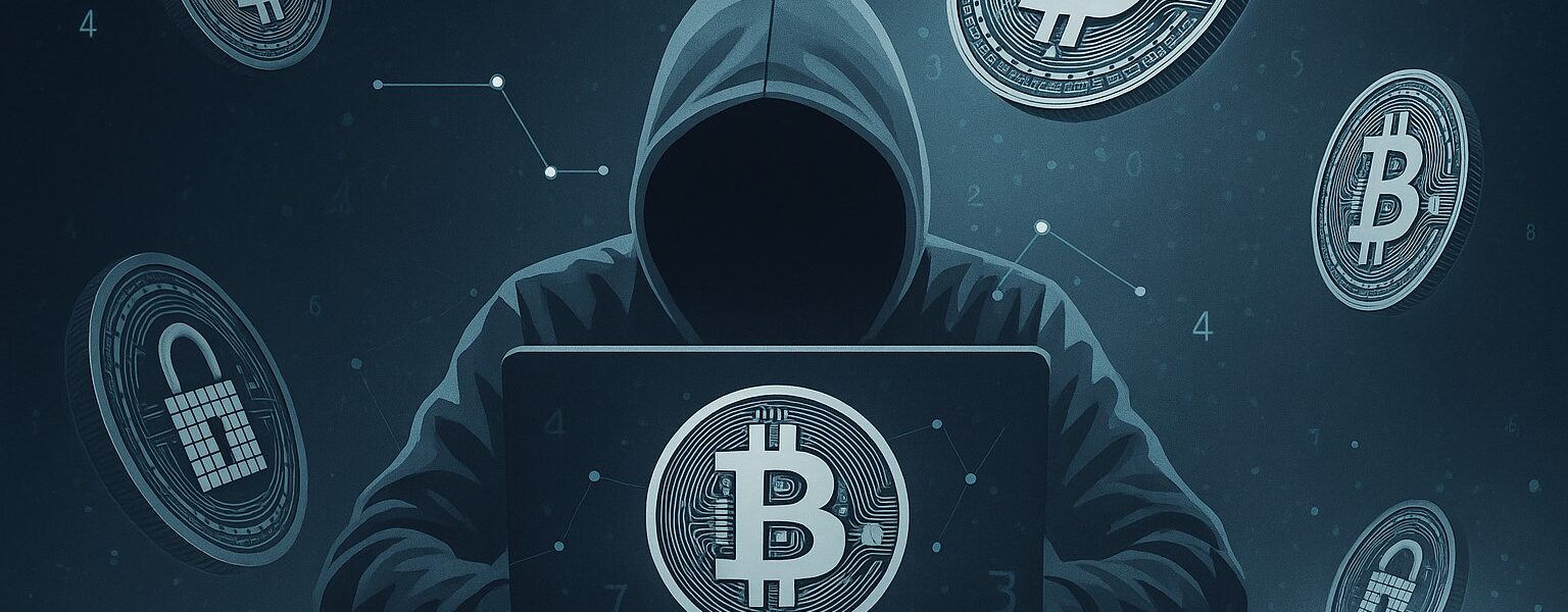 A masked figure at a laptop with North Korean insignia, surrounded by fake U.S. corporate logos and crypto code, symbolizing a covert operation targeting blockchain developers.