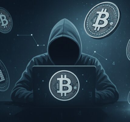 A masked figure at a laptop with North Korean insignia, surrounded by fake U.S. corporate logos and crypto code, symbolizing a covert operation targeting blockchain developers.
