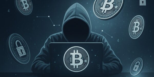 A masked figure at a laptop with North Korean insignia, surrounded by fake U.S. corporate logos and crypto code, symbolizing a covert operation targeting blockchain developers.