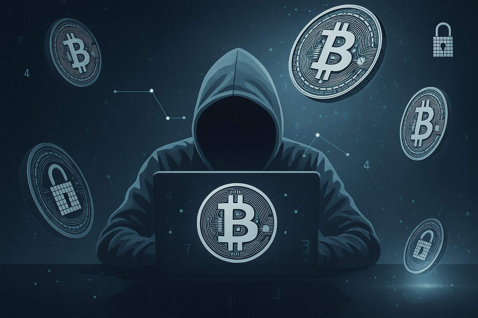 A masked figure at a laptop with North Korean insignia, surrounded by fake U.S. corporate logos and crypto code, symbolizing a covert operation targeting blockchain developers.