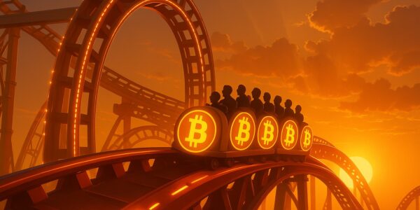 Bitcoin and Ethereum icons against a backdrop of swinging candlestick charts, symbolizing potential sharp price movements as $8.05B in options expire.
