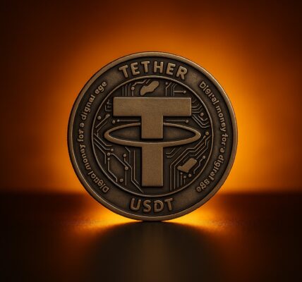 Tether logo reinforced with futuristic shield graphics over a blockchain grid, symbolizing its strategy to secure and expand its dominance in the stablecoin sector.