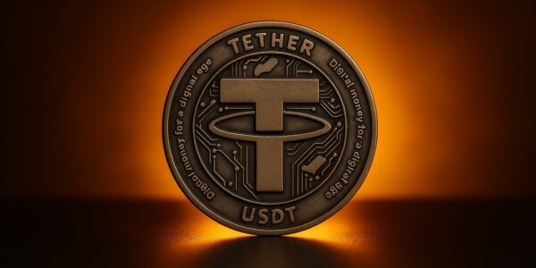 Tether logo reinforced with futuristic shield graphics over a blockchain grid, symbolizing its strategy to secure and expand its dominance in the stablecoin sector.