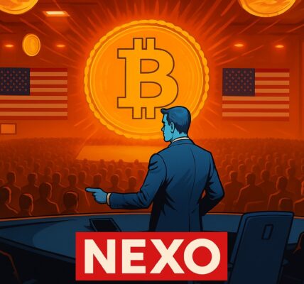 Nexo logo against the backdrop of the U.S. Capitol and a crypto policy document, symbolizing its reentry into the American market amid shifting regulations under Trump-era influence.