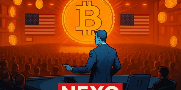 Nexo logo against the backdrop of the U.S. Capitol and a crypto policy document, symbolizing its reentry into the American market amid shifting regulations under Trump-era influence.
