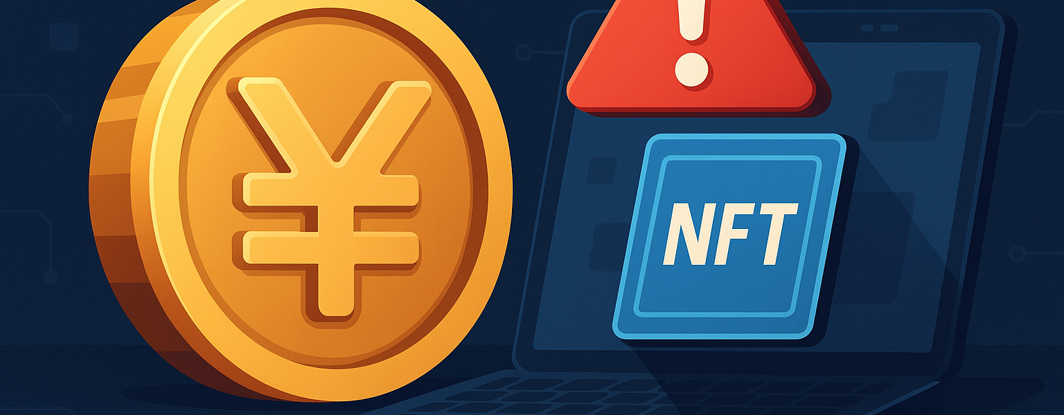 NFT icon and cryptocurrency coin with red warning sign, symbolizing suspension of digital asset services after a security breach.