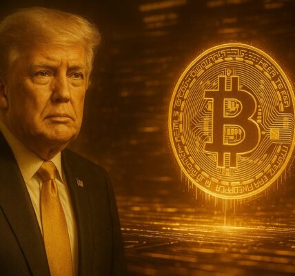 Donald Trump at a podium with a glowing Bitcoin symbol integrated into the U.S. financial system imagery, suggesting a potential shift in national crypto policy.