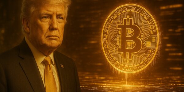 Donald Trump at a podium with a glowing Bitcoin symbol integrated into the U.S. financial system imagery, suggesting a potential shift in national crypto policy.