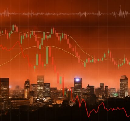 Dow Jones index surging 300 points with trade deal headlines and Trump-era policy visuals in the backdrop, signaling a temporary lift in market sentiment.