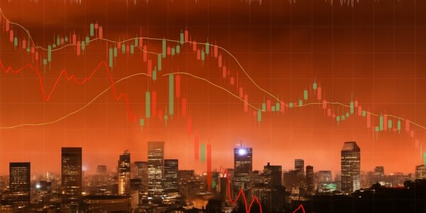 Dow Jones index surging 300 points with trade deal headlines and Trump-era policy visuals in the backdrop, signaling a temporary lift in market sentiment.