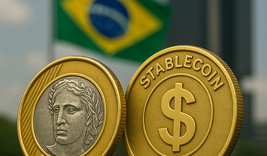 Digital coins labeled “Stablecoin” and “Brazilian Real” in front of Itaú Unibanco building and Brazilian flag, symbolizing Brazil’s potential entry into stablecoins.