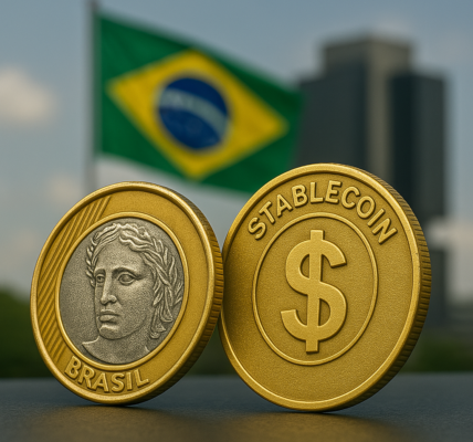 Digital coins labeled “Stablecoin” and “Brazilian Real” in front of Itaú Unibanco building and Brazilian flag, symbolizing Brazil’s potential entry into stablecoins.