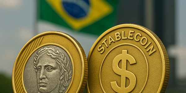 Digital coins labeled “Stablecoin” and “Brazilian Real” in front of Itaú Unibanco building and Brazilian flag, symbolizing Brazil’s potential entry into stablecoins.