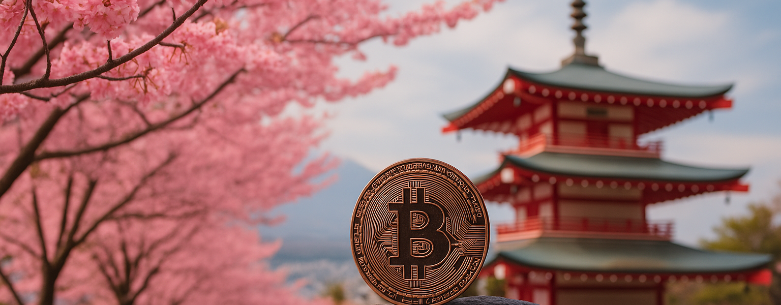 Bitcoin coin on a stone with cherry blossoms and a red Japanese pagoda in the background