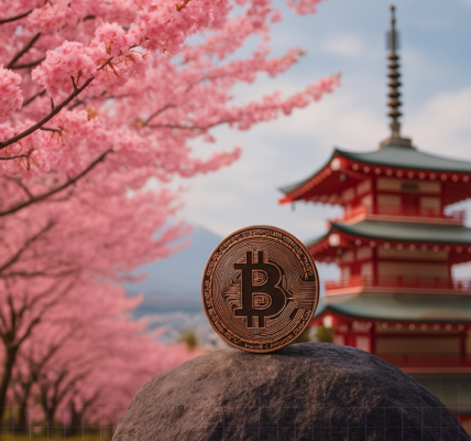 Bitcoin coin on a stone with cherry blossoms and a red Japanese pagoda in the background