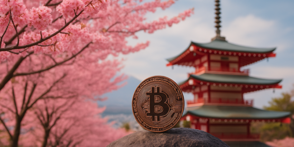 Bitcoin coin on a stone with cherry blossoms and a red Japanese pagoda in the background