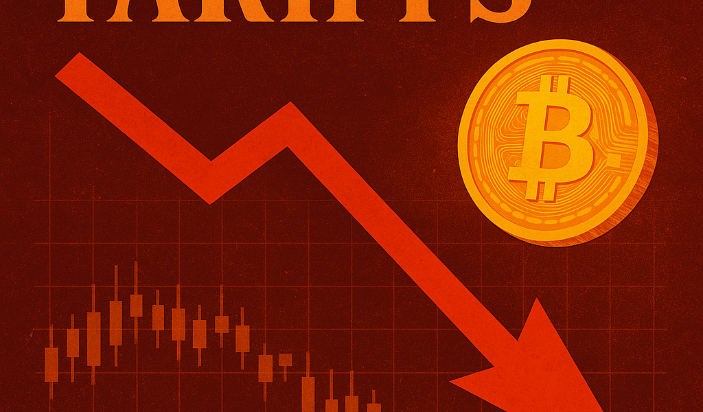 A stylized digital artwork showing a sharp red downward arrow cutting through a candlestick chart, with the word "TARIFFS" boldly displayed above and a glowing Bitcoin coin to the side, representing the market crash impact of U.S. trade policies.