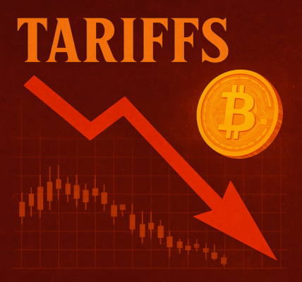 A stylized digital artwork showing a sharp red downward arrow cutting through a candlestick chart, with the word "TARIFFS" boldly displayed above and a glowing Bitcoin coin to the side, representing the market crash impact of U.S. trade policies.
