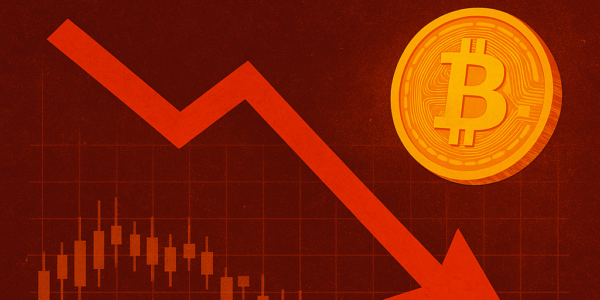 A stylized digital artwork showing a sharp red downward arrow cutting through a candlestick chart, with the word "TARIFFS" boldly displayed above and a glowing Bitcoin coin to the side, representing the market crash impact of U.S. trade policies.