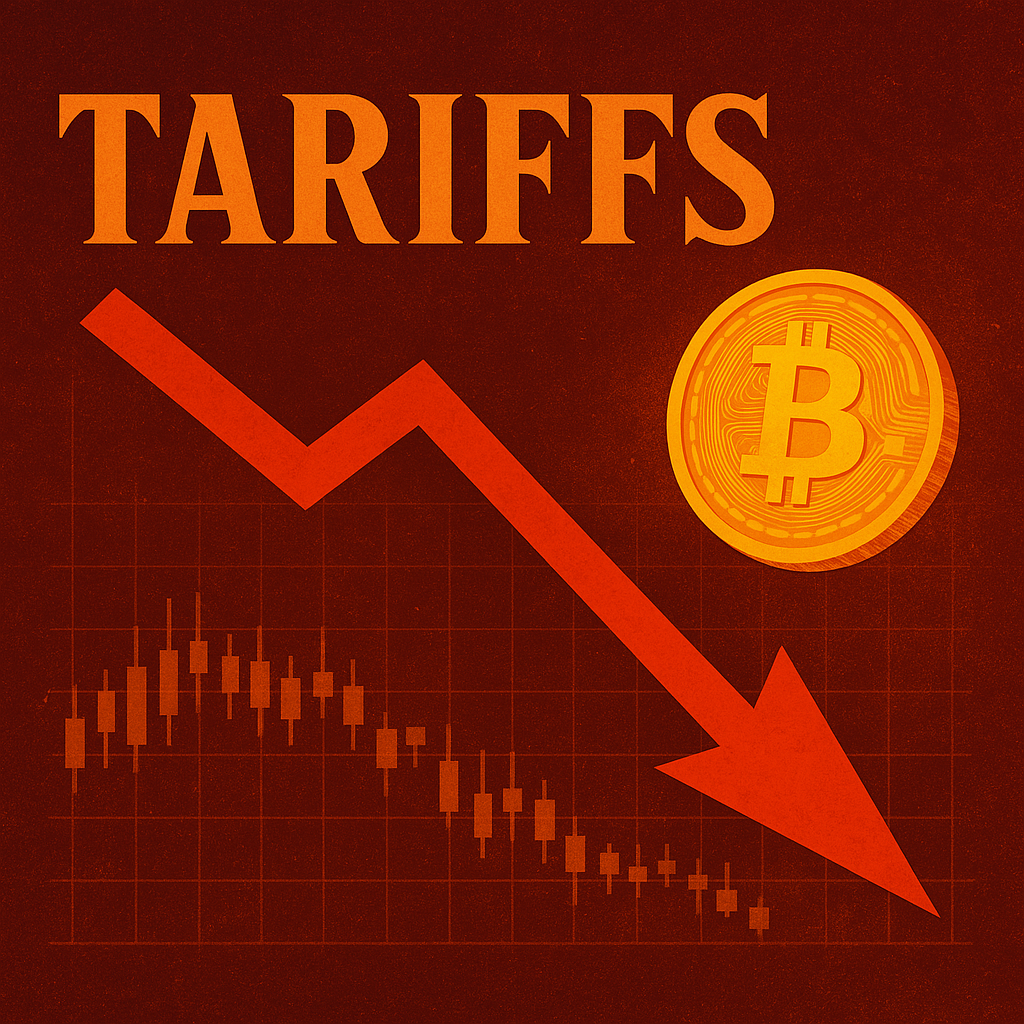 A stylized digital artwork showing a sharp red downward arrow cutting through a candlestick chart, with the word "TARIFFS" boldly displayed above and a glowing Bitcoin coin to the side, representing the market crash impact of U.S. trade policies.