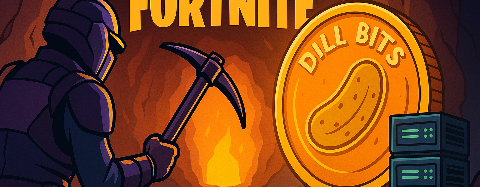 A Fortnite-style armored character mining a glowing Dill Bits coin inside an orange-lit cavern with digital servers stacked nearby, reflecting a gamified crypto mining scene.