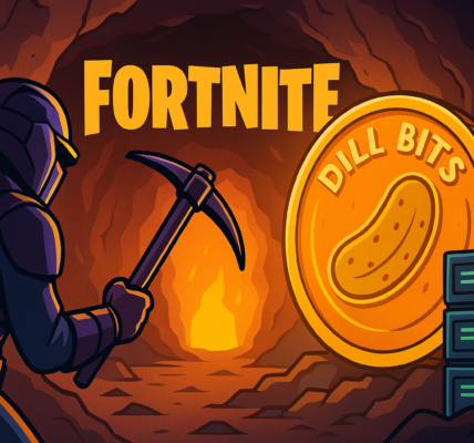A Fortnite-style armored character mining a glowing Dill Bits coin inside an orange-lit cavern with digital servers stacked nearby, reflecting a gamified crypto mining scene.