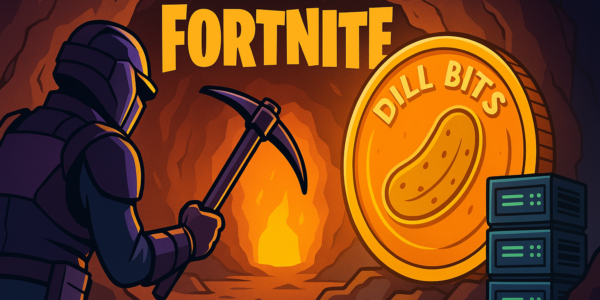 A Fortnite-style armored character mining a glowing Dill Bits coin inside an orange-lit cavern with digital servers stacked nearby, reflecting a gamified crypto mining scene.