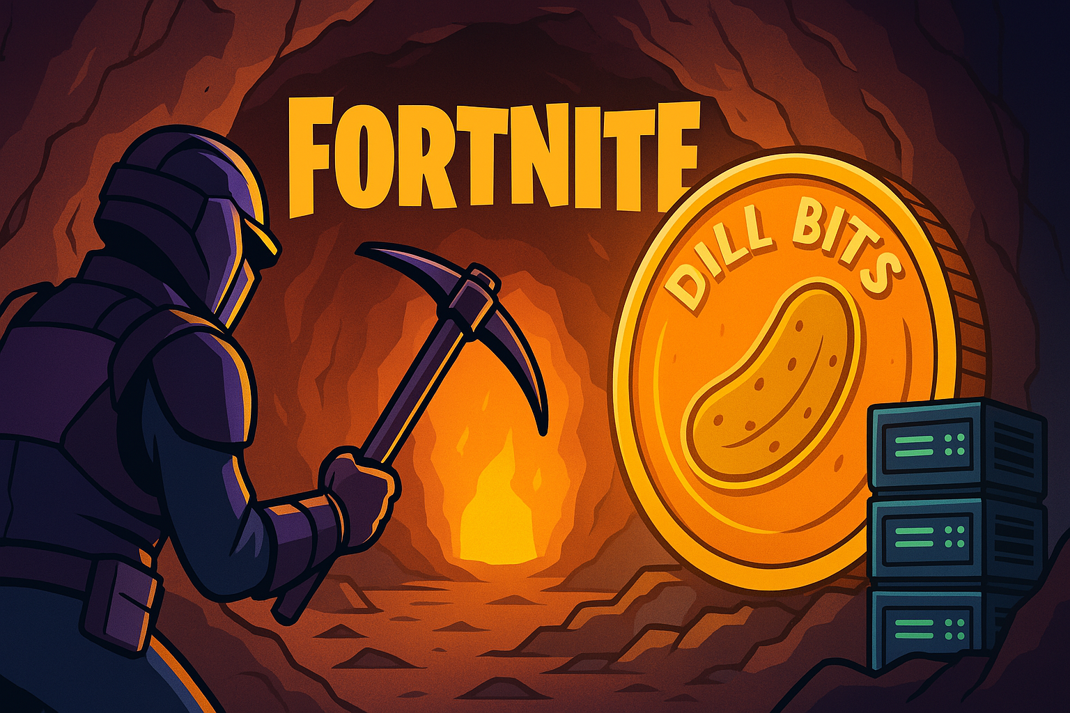 A Fortnite-style armored character mining a glowing Dill Bits coin inside an orange-lit cavern with digital servers stacked nearby, reflecting a gamified crypto mining scene.