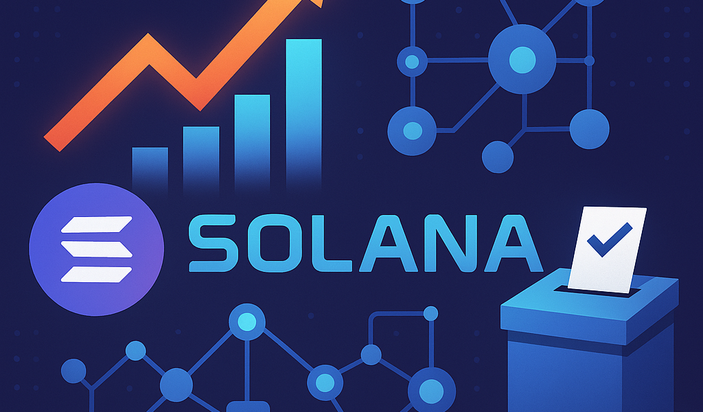 Illustration showing Solana logo with bar chart growth, decentralized nodes, and a voting ballot box—symbolizing validator expansion and governance activity.