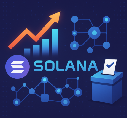 Illustration showing Solana logo with bar chart growth, decentralized nodes, and a voting ballot box—symbolizing validator expansion and governance activity.