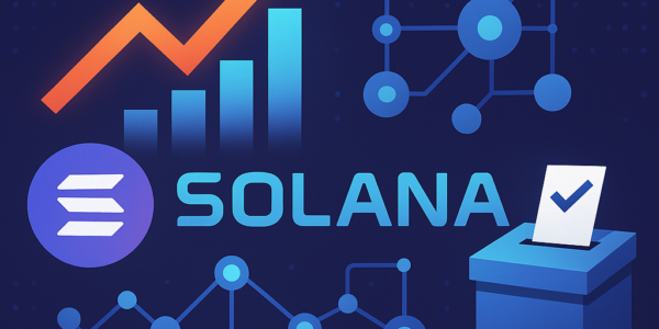 Illustration showing Solana logo with bar chart growth, decentralized nodes, and a voting ballot box—symbolizing validator expansion and governance activity.