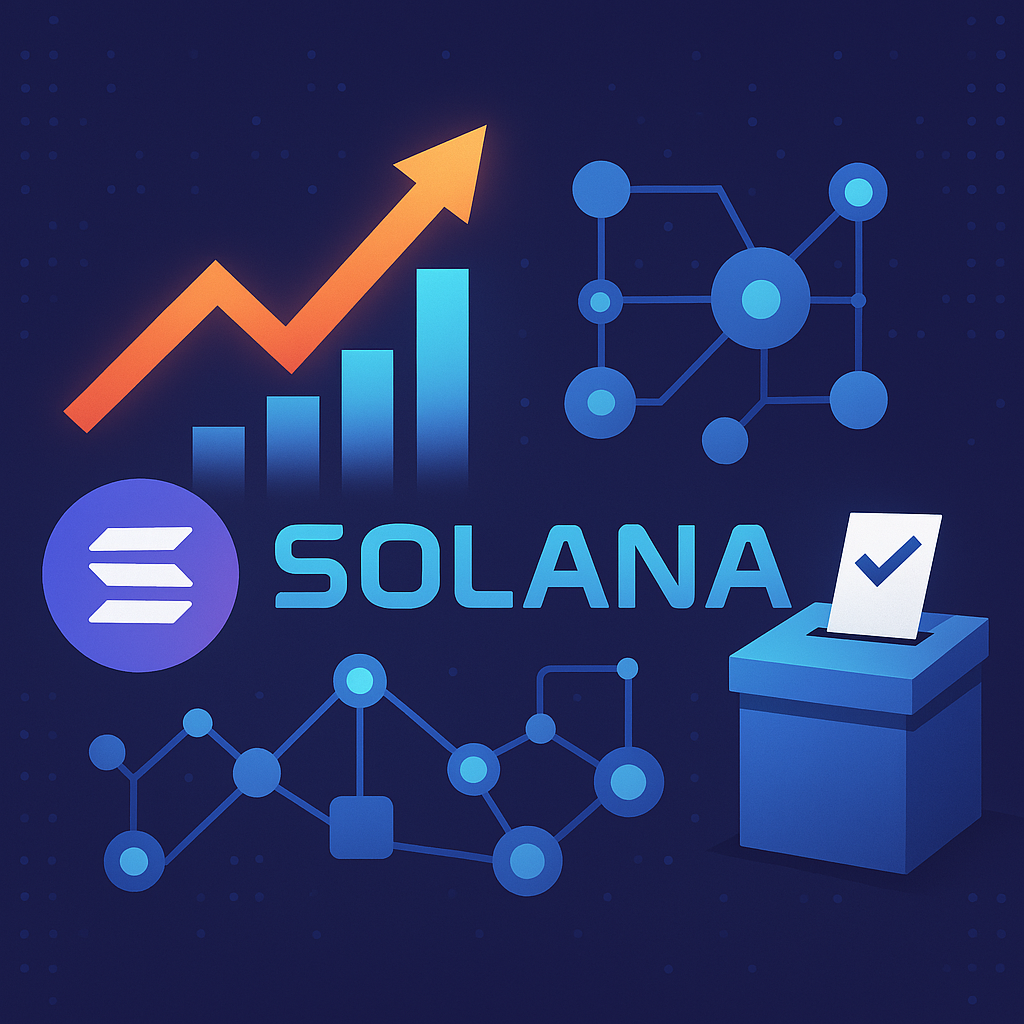 Illustration showing Solana logo with bar chart growth, decentralized nodes, and a voting ballot box—symbolizing validator expansion and governance activity.