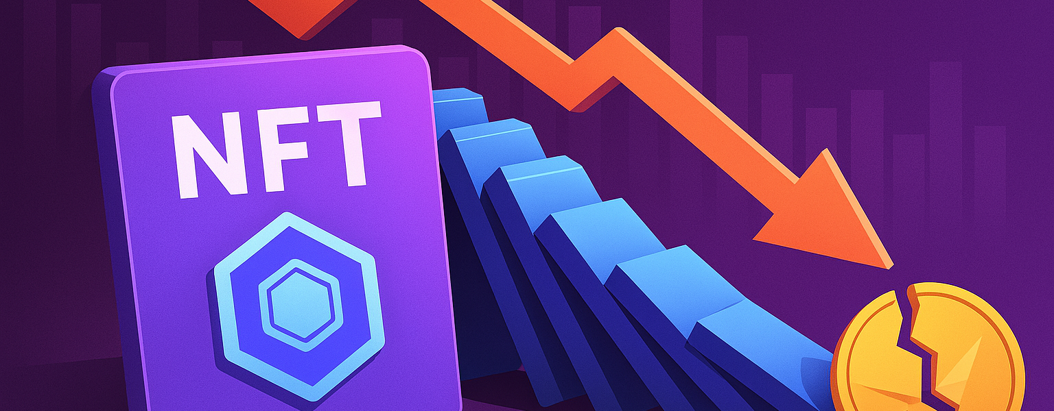 Abstract digital banner showing a purple NFT card tipping over like a domino, with a broken coin and plunging red arrow symbolizing the collapse of the NFT market.