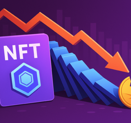 Abstract digital banner showing a purple NFT card tipping over like a domino, with a broken coin and plunging red arrow symbolizing the collapse of the NFT market.