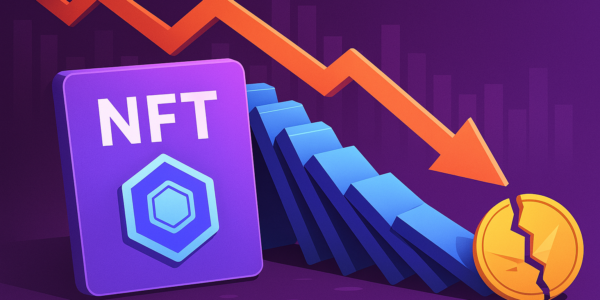 Abstract digital banner showing a purple NFT card tipping over like a domino, with a broken coin and plunging red arrow symbolizing the collapse of the NFT market.