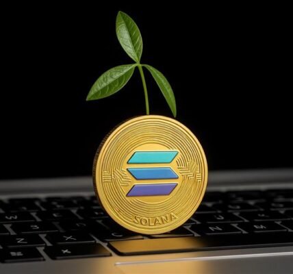 Solana coin sprouting leaves from a laptop screen, symbolizing growth, innovation, and new investment opportunities like SOLX