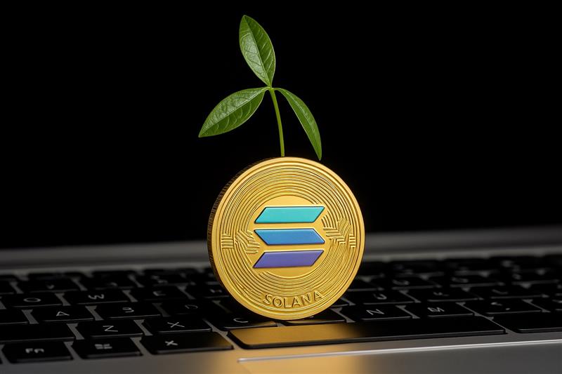 Solana coin sprouting leaves from a laptop screen, symbolizing growth, innovation, and new investment opportunities like SOLX